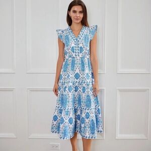 Sail to Sable Blue & White Paisley V-Neck Midi Dress